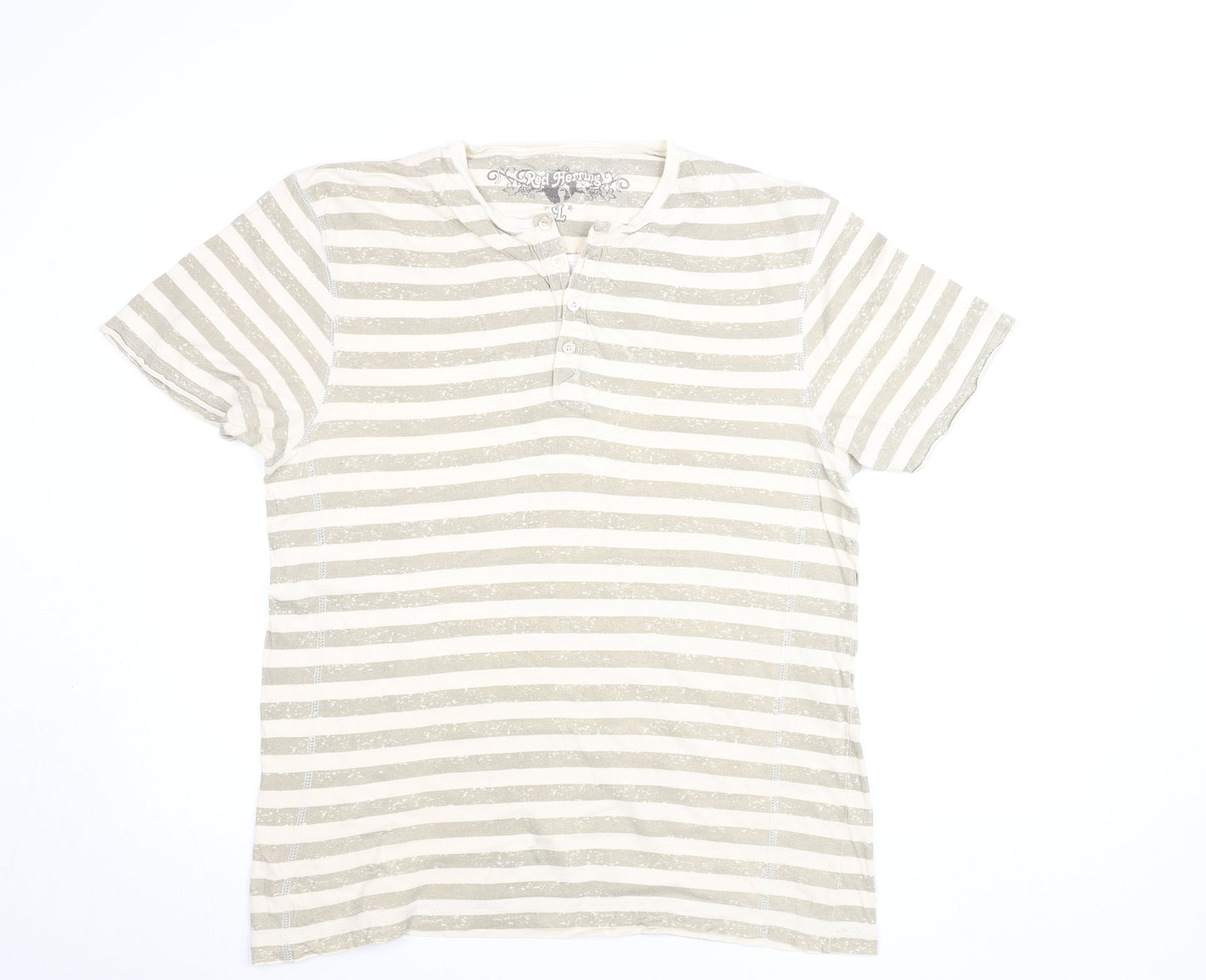 Red Herring Men's Beige Striped Henley T-Shirt Size L Cotton