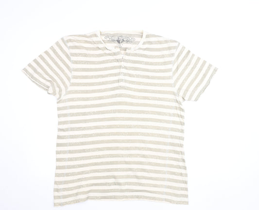Red Herring Men's Beige Striped Henley T-Shirt Size L Cotton