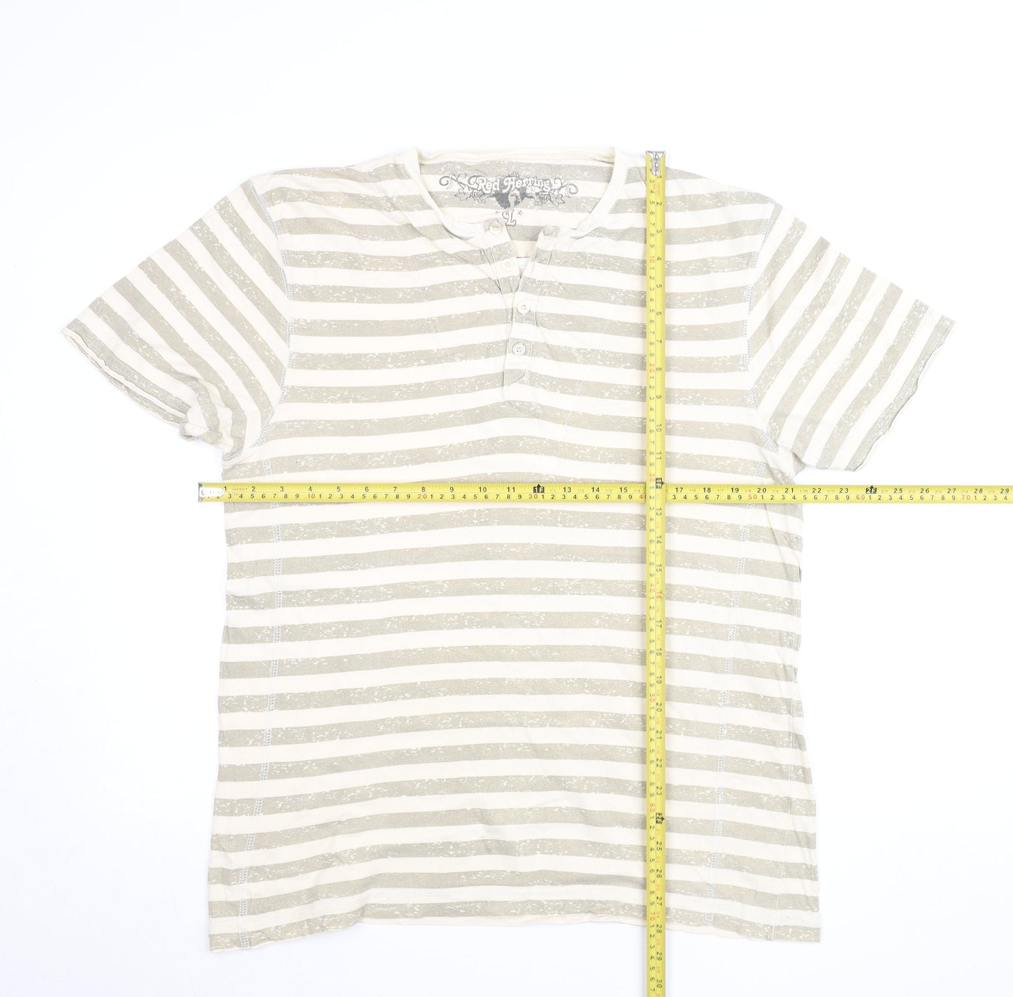 Red Herring Men's Beige Striped Henley T-Shirt Size L Cotton