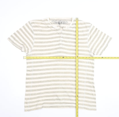 Red Herring Men's Beige Striped Henley T-Shirt Size L Cotton