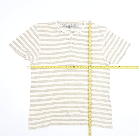 Red Herring Men's Beige Striped Henley T-Shirt Size L Cotton