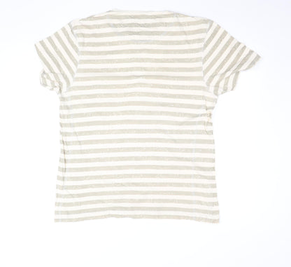 Red Herring Men's Beige Striped Henley T-Shirt Size L Cotton