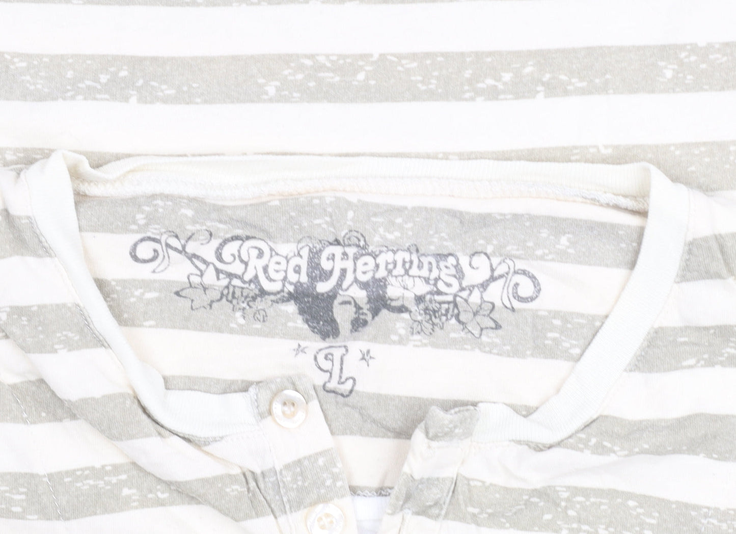 Red Herring Men's Beige Striped Henley T-Shirt Size L Cotton