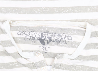 Red Herring Men's Beige Striped Henley T-Shirt Size L Cotton