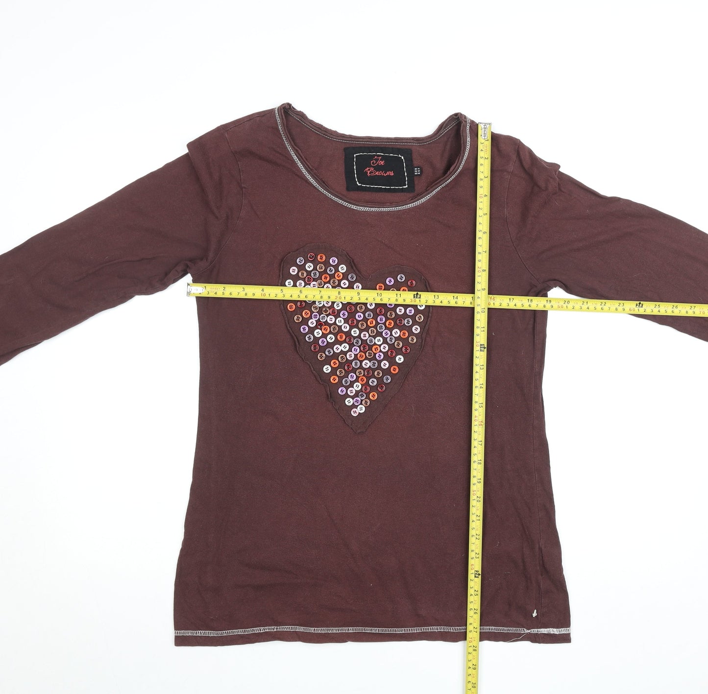 Joe Browns Women Brown Heart Button Long Sleeve Cotton T-Shirt UK 14