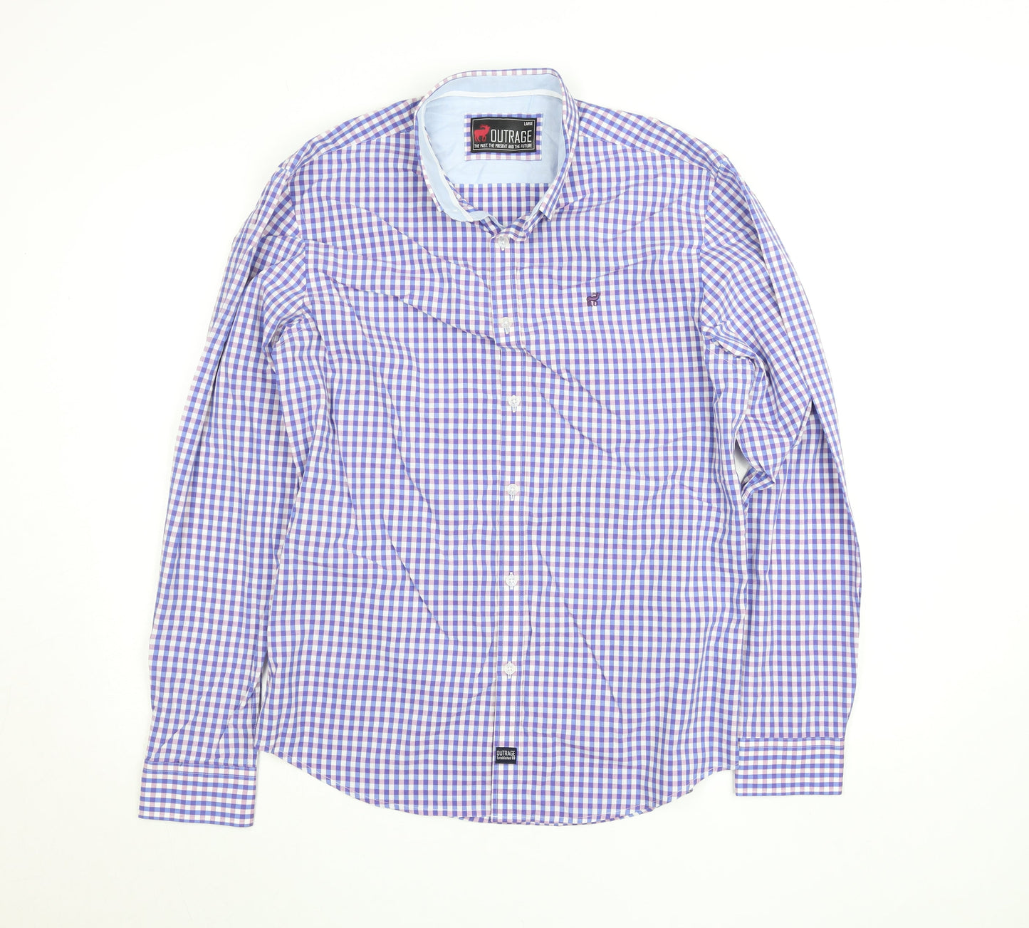 Outrage Men's Blue Check Cotton Long Sleeve Button-Up Shirt L