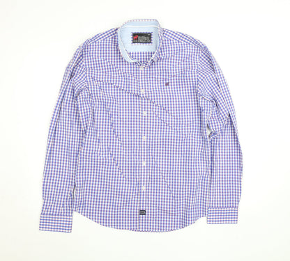 Outrage Men's Blue Check Cotton Long Sleeve Button-Up Shirt L