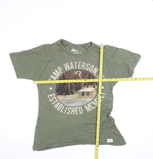Pull&Bear Men's Green Graphic Outdoor Cotton T-Shirt Size S