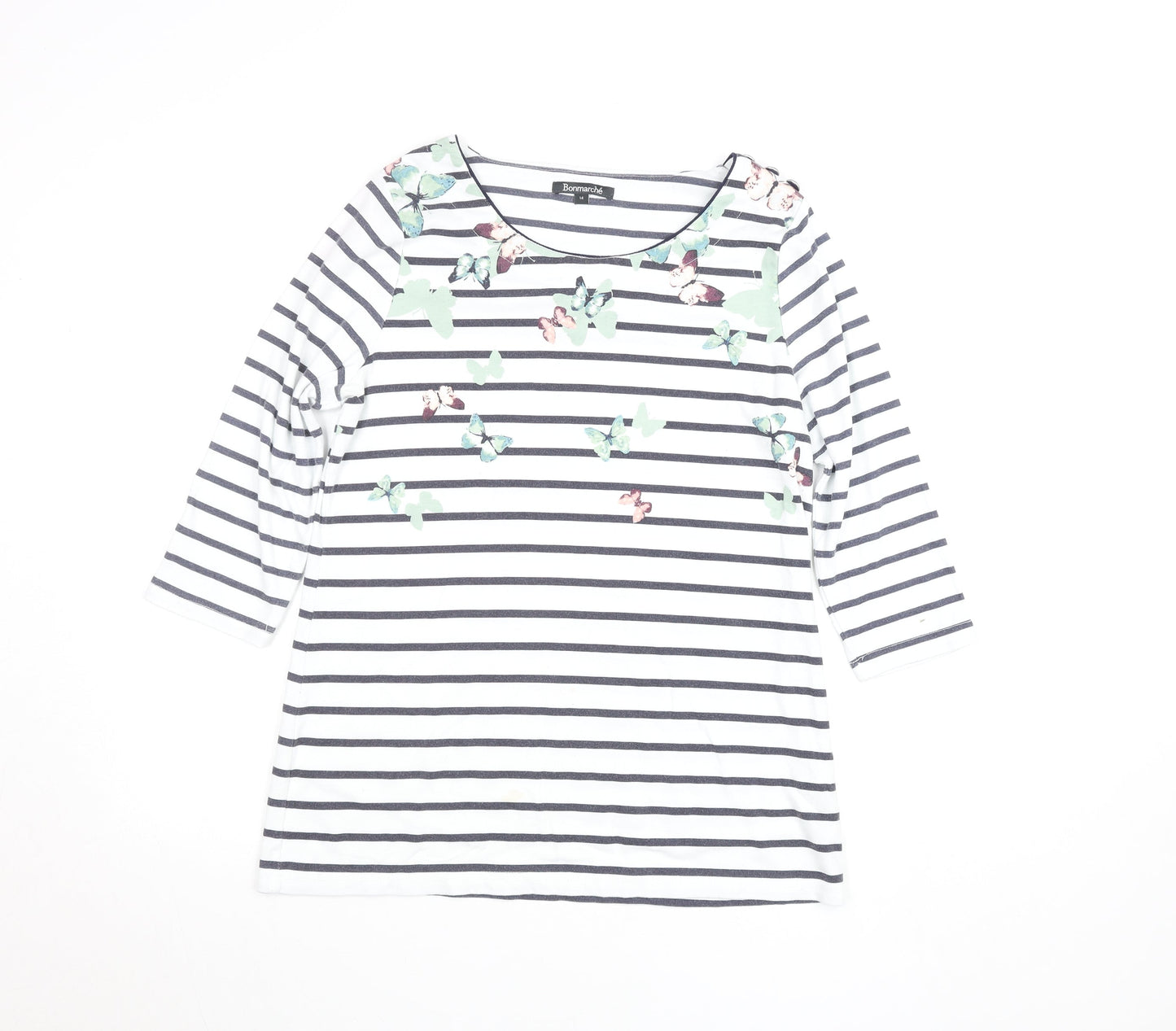 Bonmarché Women’s White Striped Butterfly T-Shirt Size 14 3/4 Sleeve