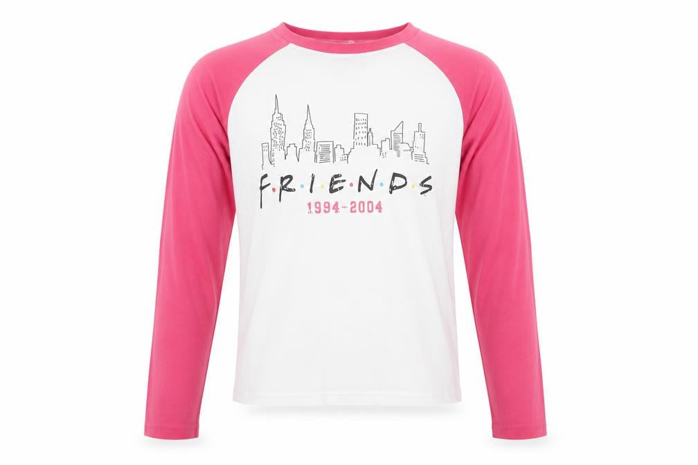 Front view of girls’ friends pink & white long sleeve graphic t-shirt 10-11 years