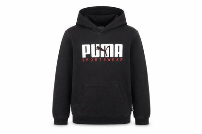 Front view of Puma boys’ black pullover hoodie 13-14 years graphic sportswear