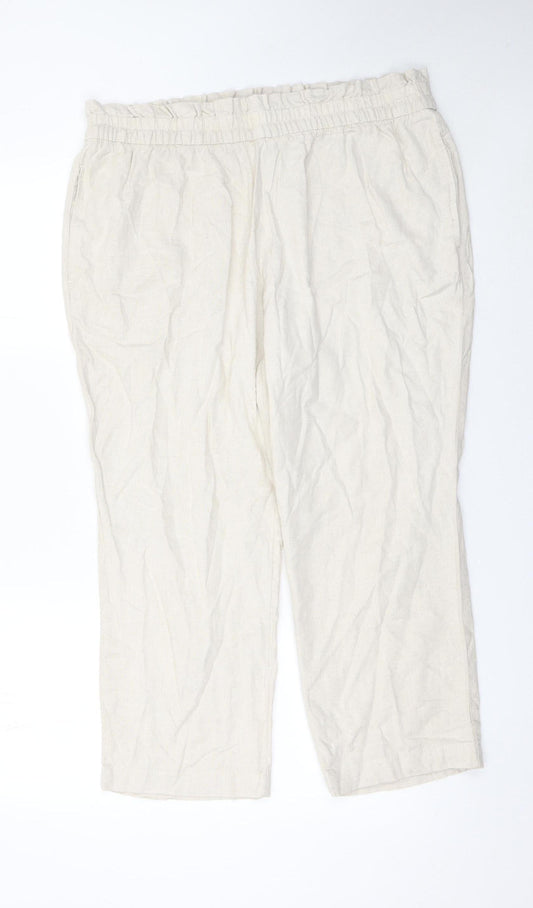 F&F Women’s Ivory Linen Blend Cropped Trousers Size L Elastic Waist