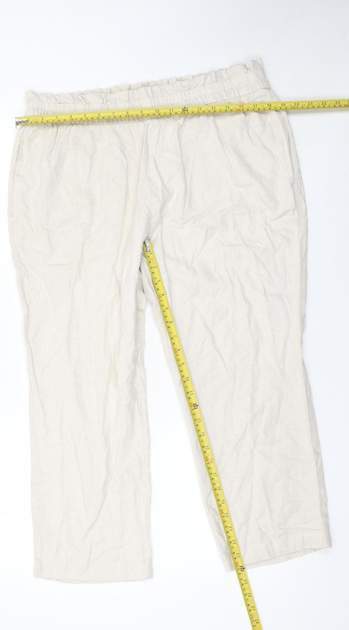 F&F Women’s Ivory Linen Blend Cropped Trousers Size L Elastic Waist