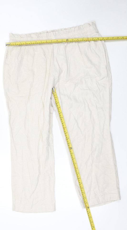 F&F Women’s Ivory Linen Blend Cropped Trousers Size L Elastic Waist