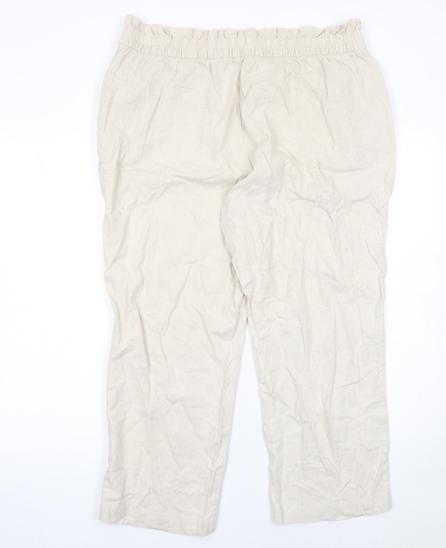 F&F Women’s Ivory Linen Blend Cropped Trousers Size L Elastic Waist