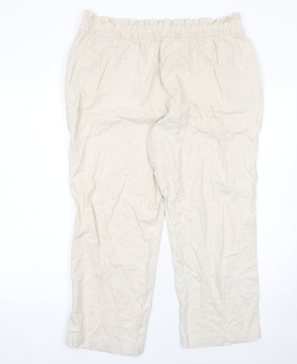 F&F Women’s Ivory Linen Blend Cropped Trousers Size L Elastic Waist