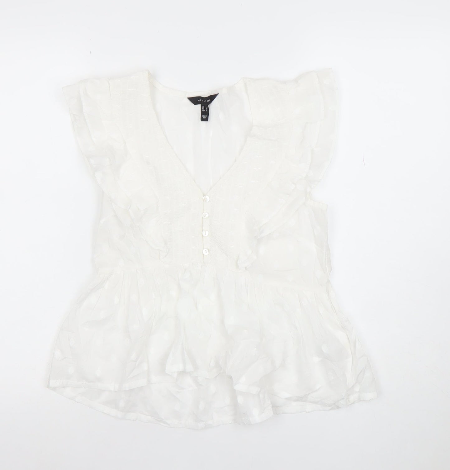New Look Women’s White Ruffle Polka Dot V-Neck Chiffon Blouse Size 12