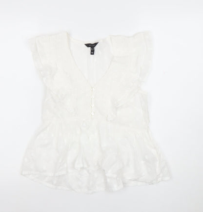 New Look Women’s White Ruffle Polka Dot V-Neck Chiffon Blouse Size 12