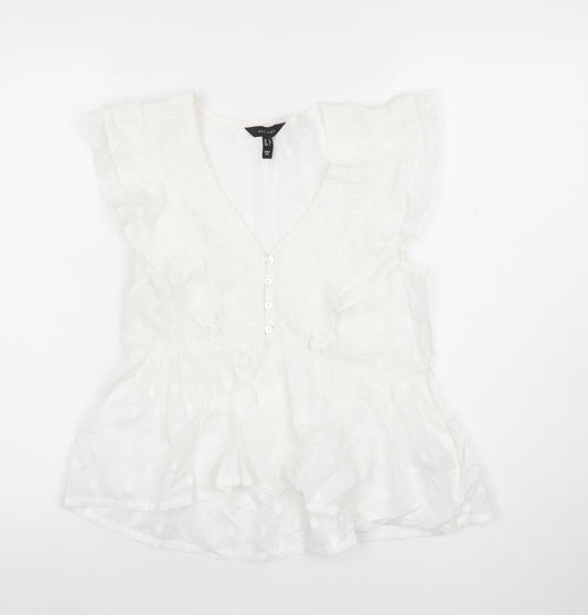 New Look Women’s White Ruffle Polka Dot V-Neck Chiffon Blouse Size 12