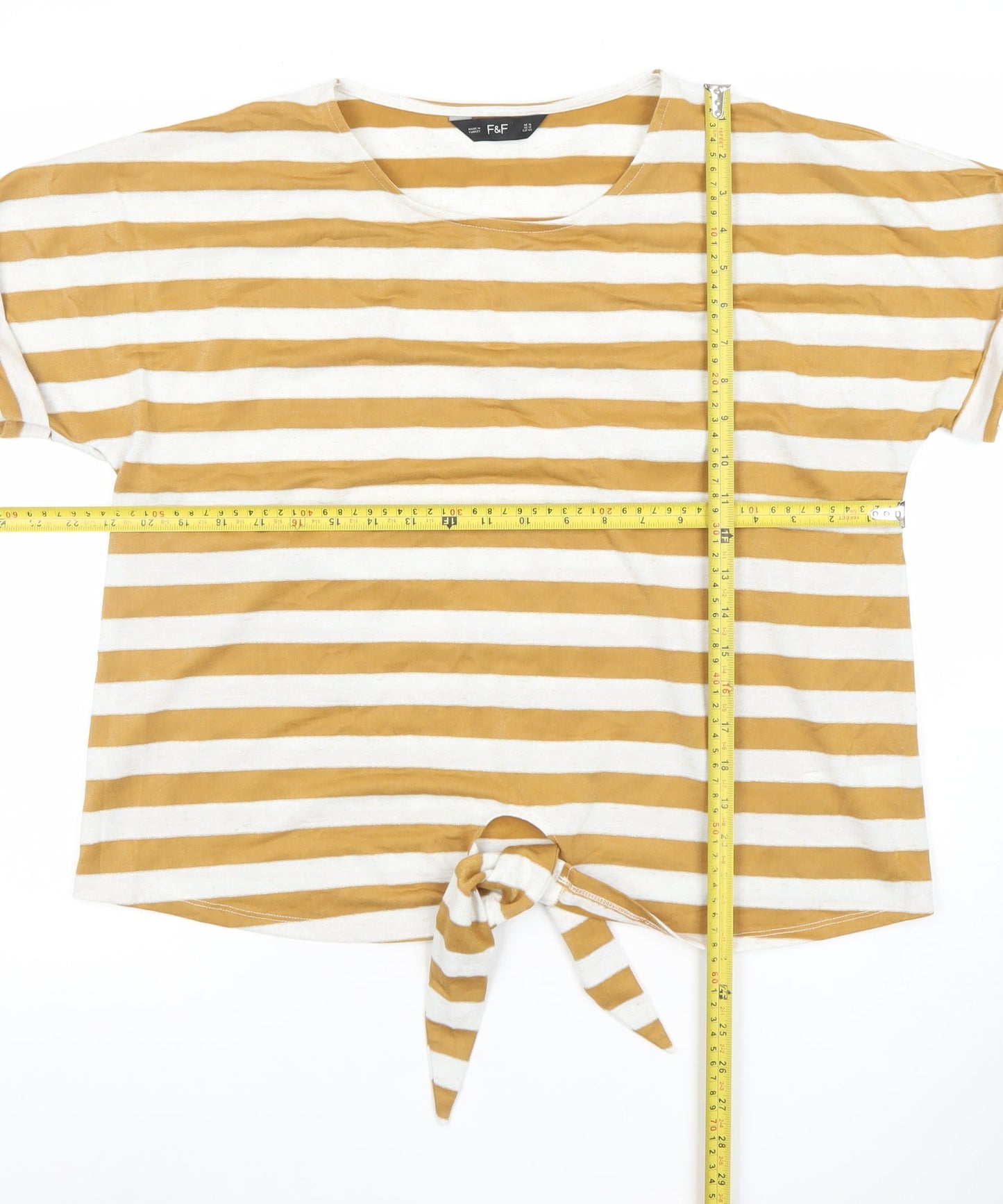 F&F Women’s Mustard White Striped Tie Front Cotton T-Shirt Size 16
