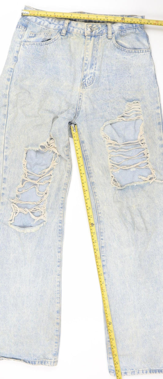 SHEIN Womens Blue Distressed Straight Leg Denim Jeans Size 10