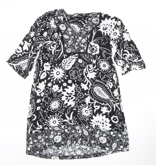 Next Petite Black Floral Linen Blend Shift Dress Size S