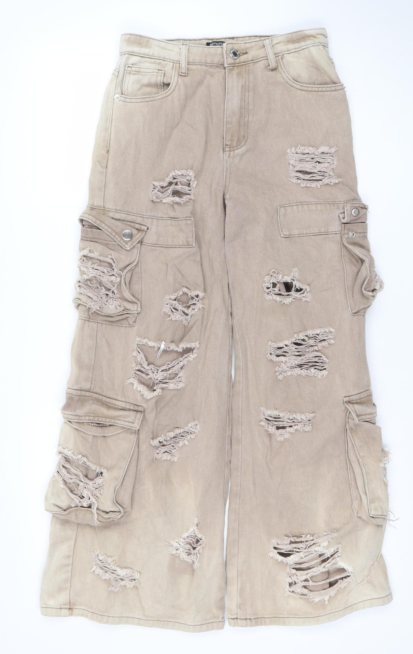 PrettyLittleThing Petite Beige Distressed Cargo Wide-Leg Jeans UK 8