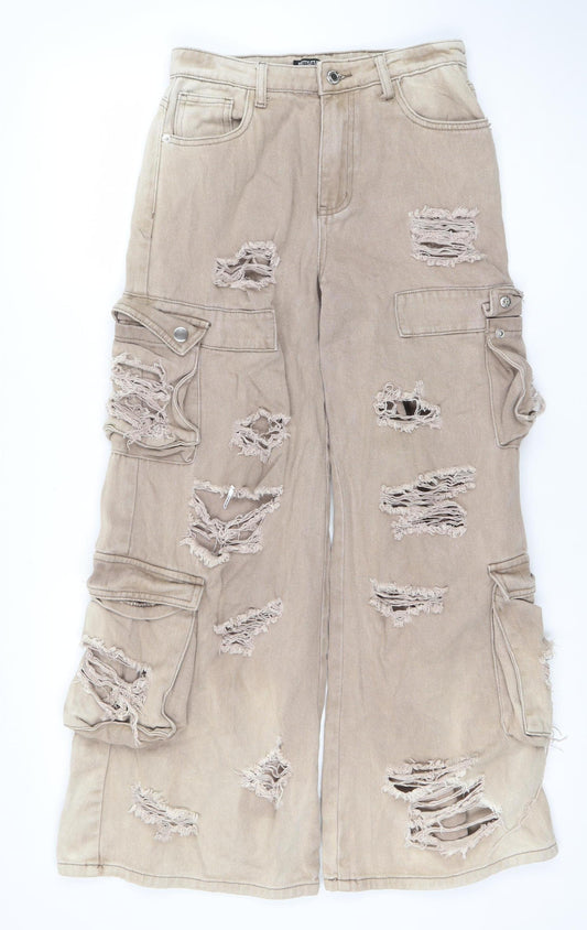 PrettyLittleThing Petite Beige Distressed Cargo Wide-Leg Jeans UK 8