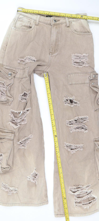 PrettyLittleThing Petite Beige Distressed Cargo Wide-Leg Jeans UK 8