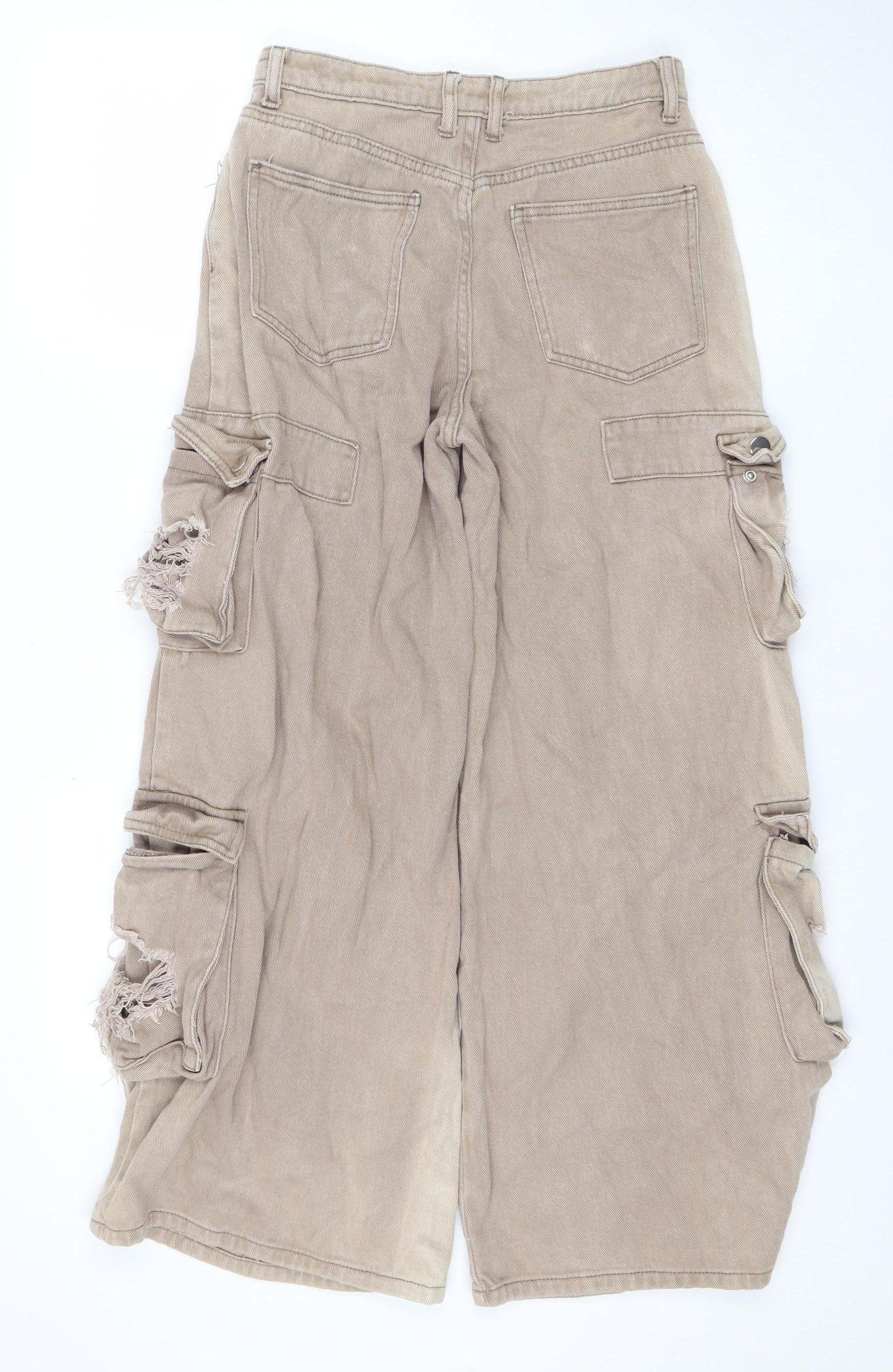 PrettyLittleThing Petite Beige Distressed Cargo Wide-Leg Jeans UK 8