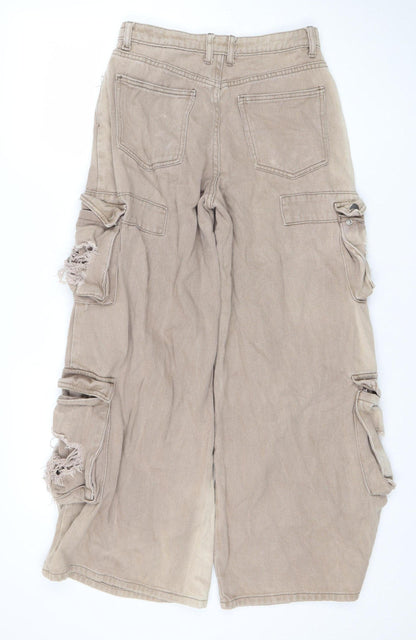 PrettyLittleThing Petite Beige Distressed Cargo Wide-Leg Jeans UK 8