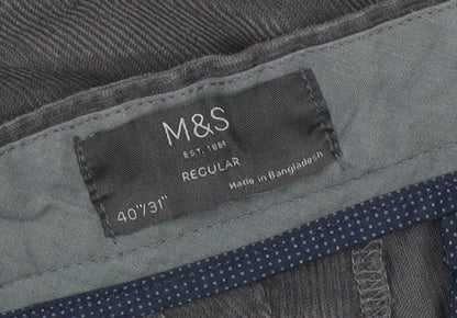 Marks and Spencer Men's Grey Linen Blend Regular Fit Trousers 40W 31L