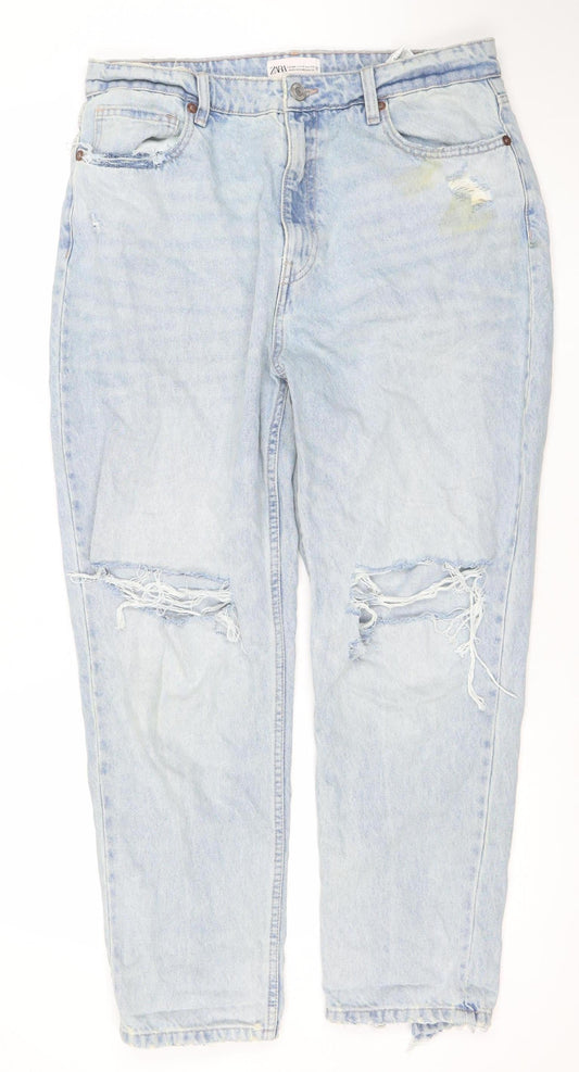 Zara Women's Blue Distressed Boyfriend Relaxed Mid Rise Jeans Size 16