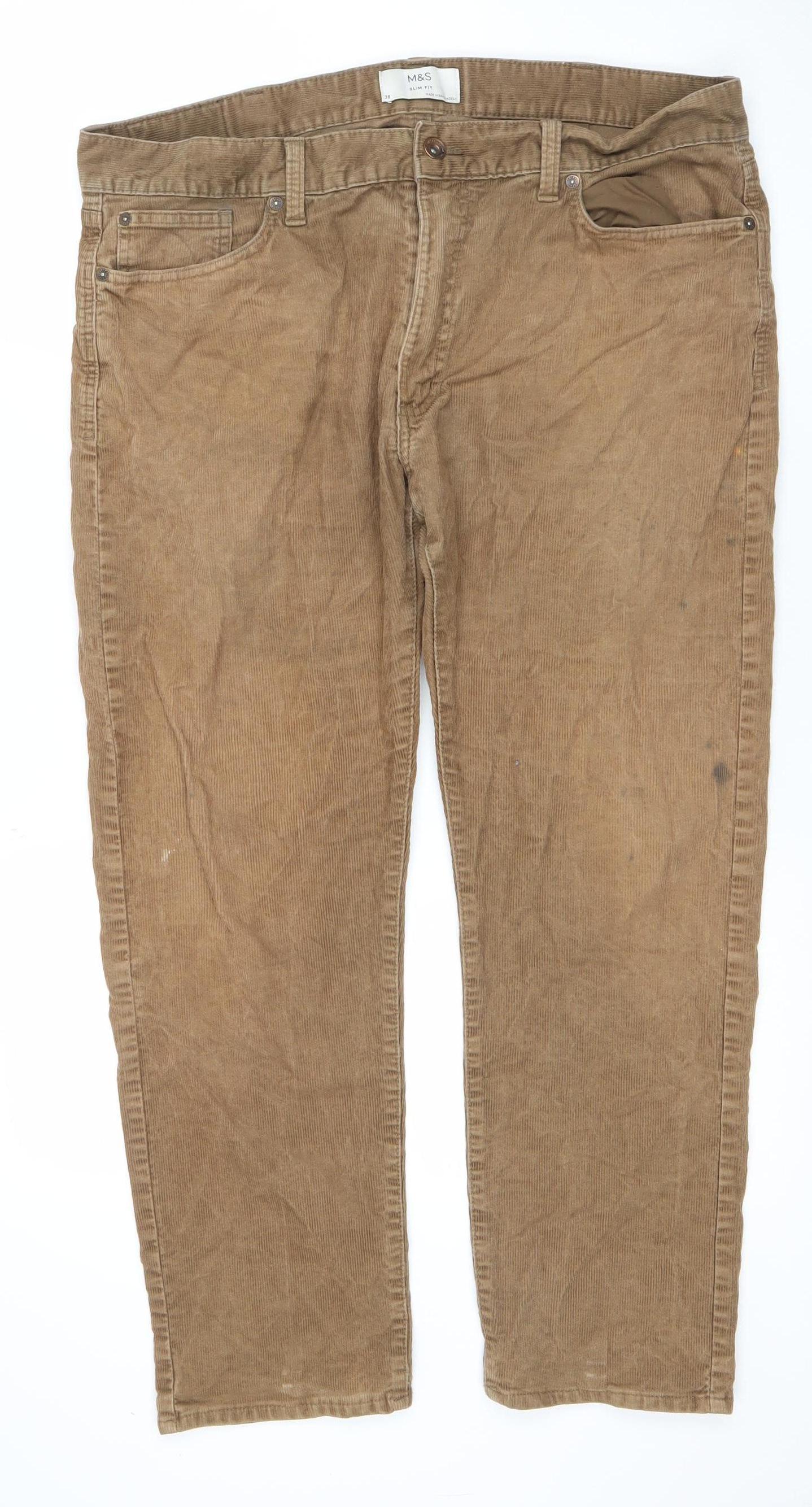 Marks and Spencer Men's Brown Corduroy Slim Fit Chino Trousers Size 38