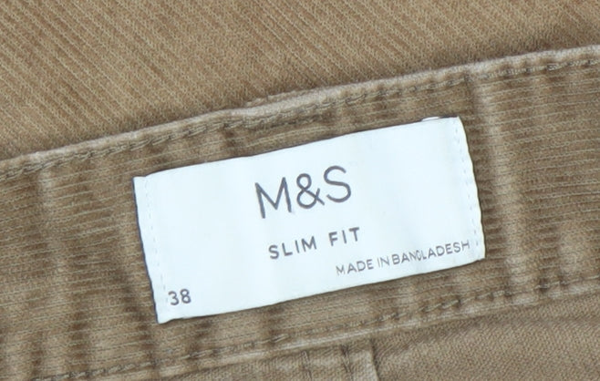 Marks and Spencer Men's Brown Corduroy Slim Fit Chino Trousers Size 38