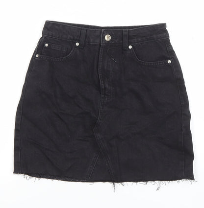 Primark Women Black Denim Short Frayed Hem Skirt Size 8