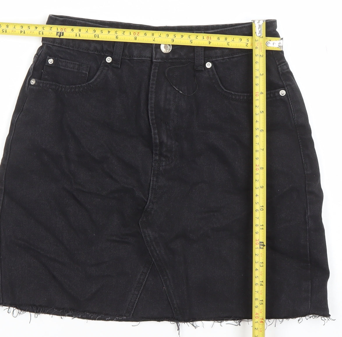 Primark Women Black Denim Short Frayed Hem Skirt Size 8