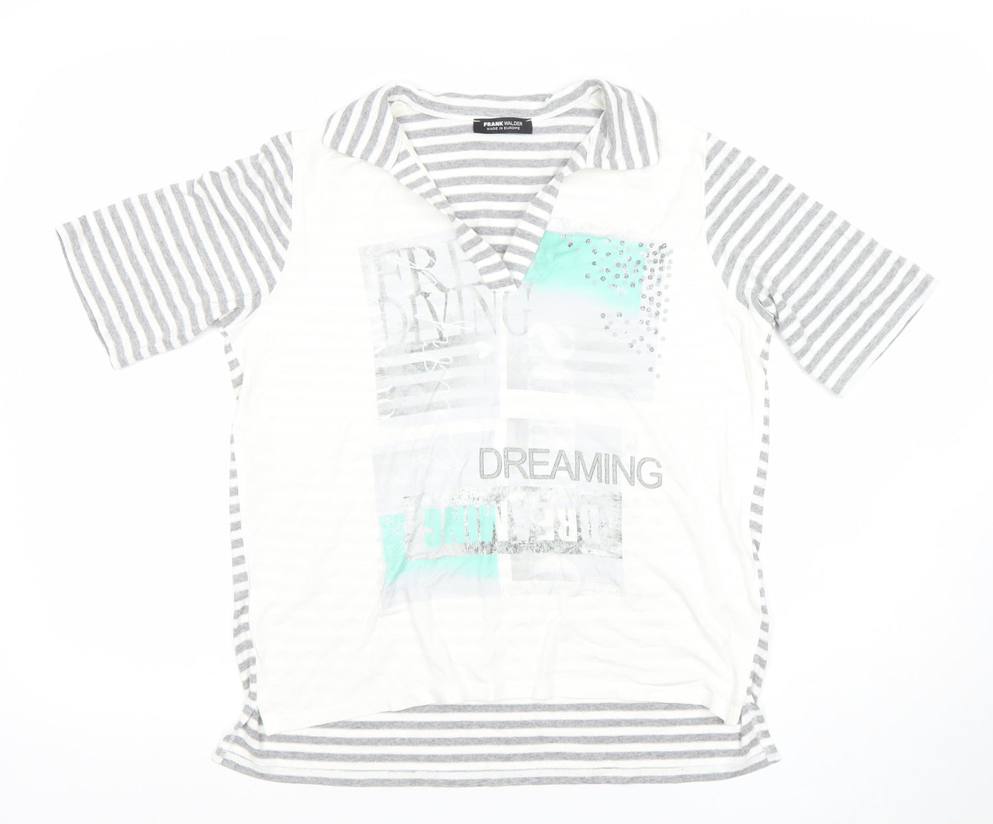 Frank Walder Womens Grey Striped Studded V-Neck T-Shirt Size 14