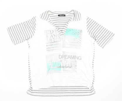 Frank Walder Womens Grey Striped Studded V-Neck T-Shirt Size 14