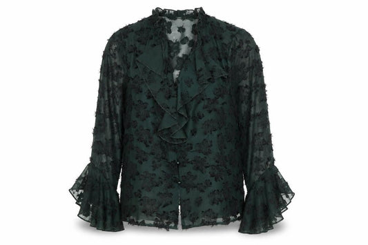 Front view of Gallery Women’s Green Floral Ruffle Chiffon Blouse, size UK 10