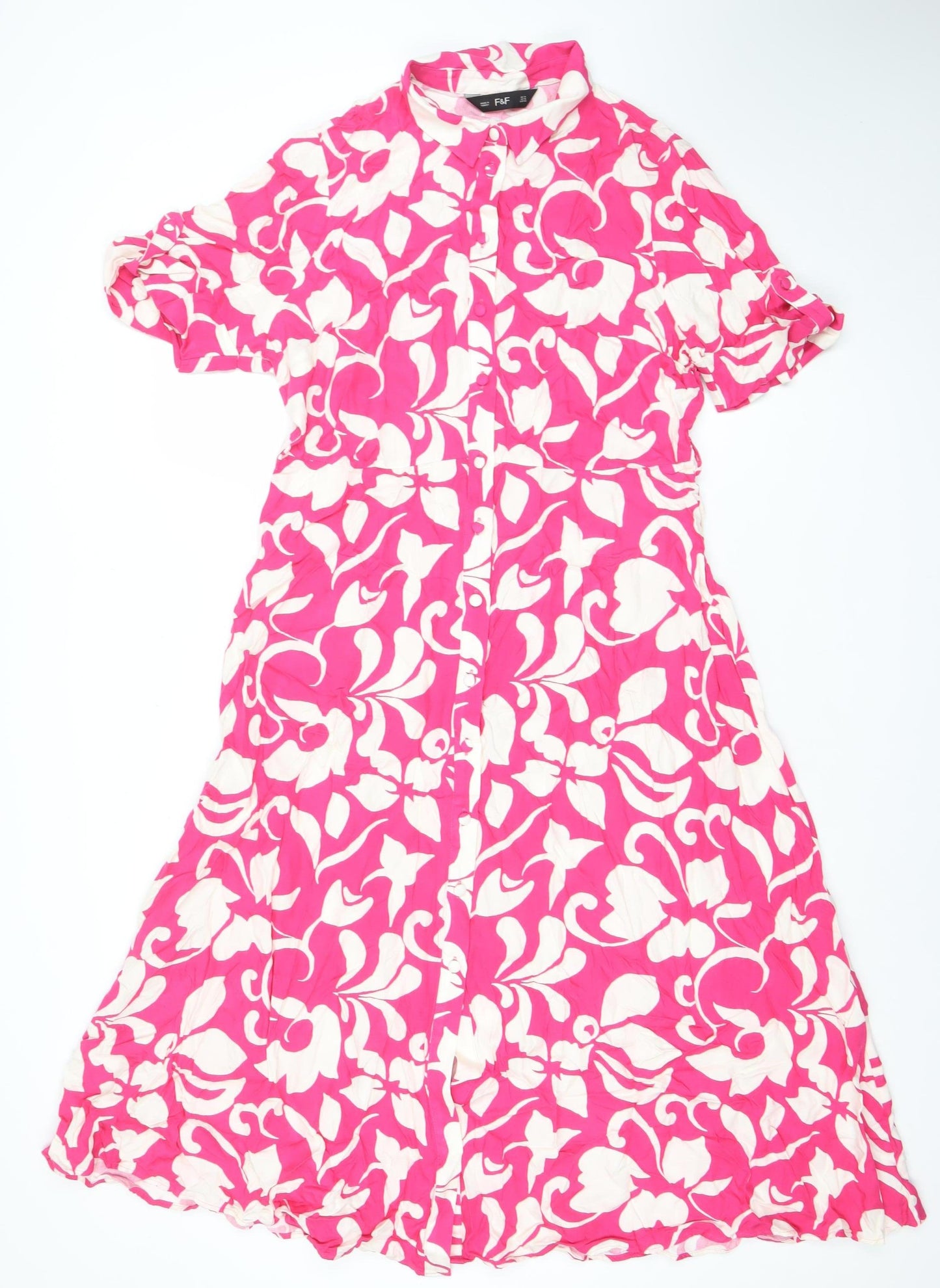 F&F Women’s Pink Floral Cotton A-Line Knee Length Dress Size 14