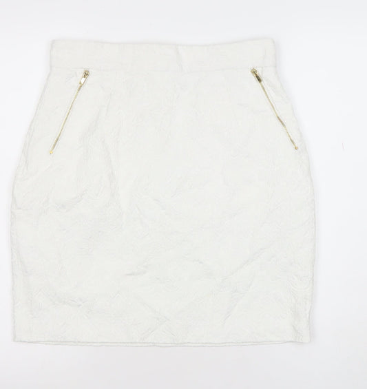 H&M Women White Cotton Blend Pencil Skirt Size 14 Lined Zip Detail