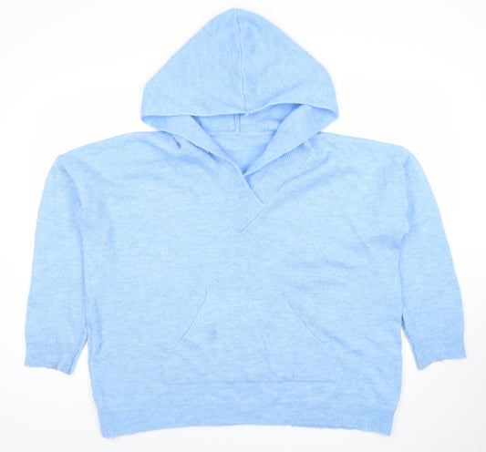 Gallery Women's Blue Hooded V-Neck Knit Pullover Jumper Size 16