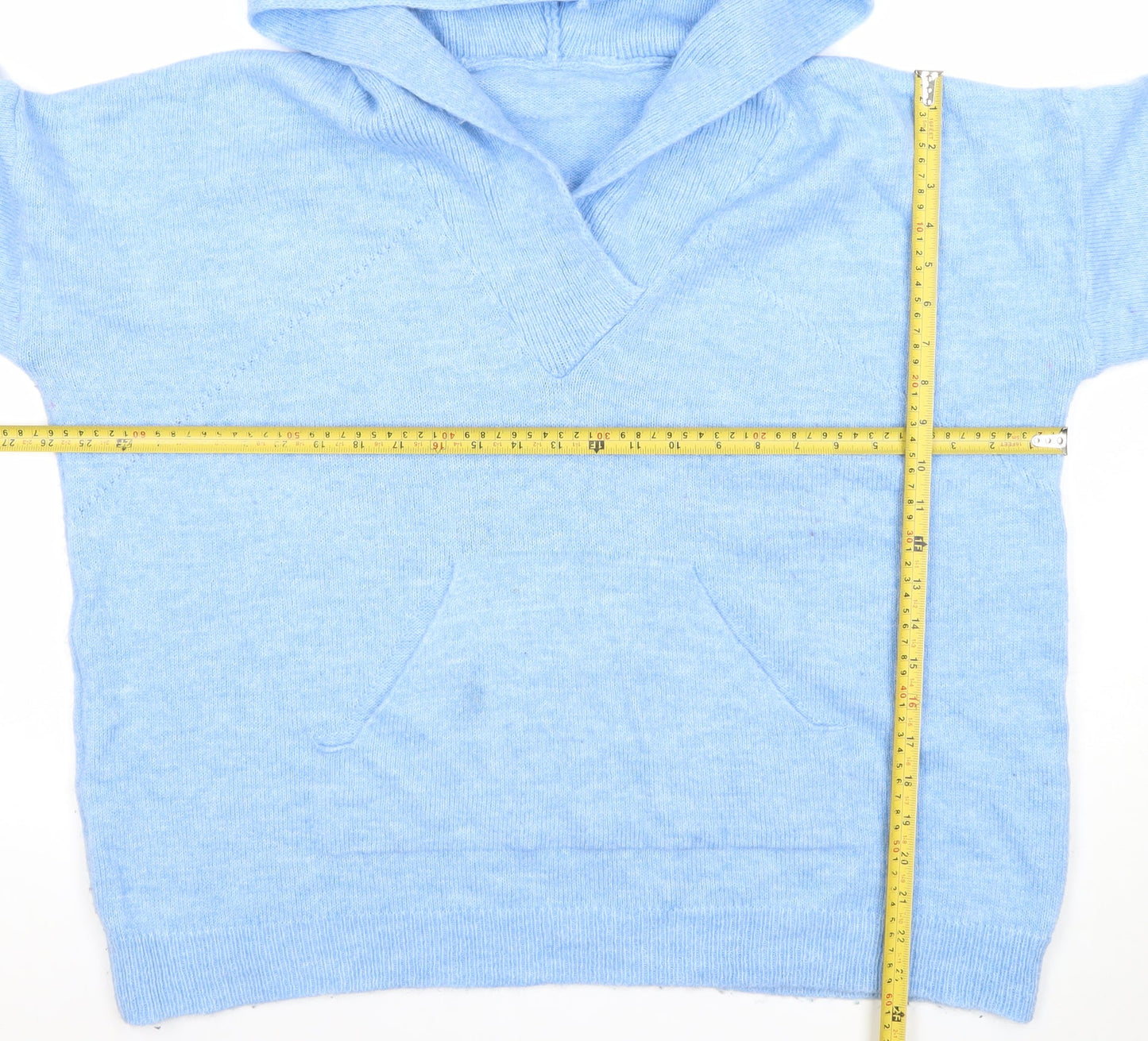 Gallery Women's Blue Hooded V-Neck Knit Pullover Jumper Size 16