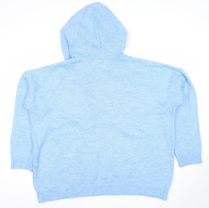 Gallery Women's Blue Hooded V-Neck Knit Pullover Jumper Size 16