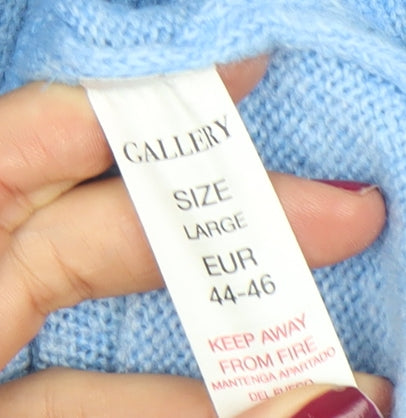 Gallery Women's Blue Hooded V-Neck Knit Pullover Jumper Size 16