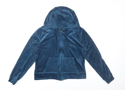 Dunnes Women's Blue Velour Hooded Zip Track Jacket Size 12