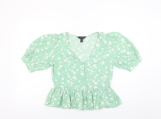 New Look Women Green Floral V-Neck Puff Sleeve Peplum Blouse Size 10
