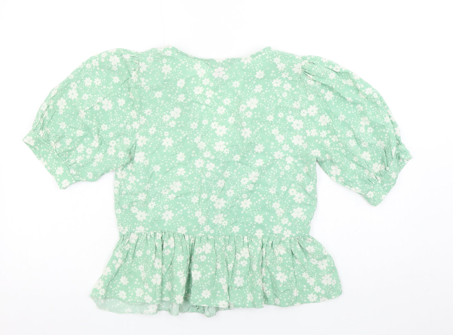 New Look Women Green Floral V-Neck Puff Sleeve Peplum Blouse Size 10