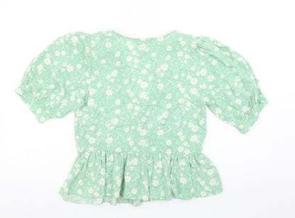 New Look Women Green Floral V-Neck Puff Sleeve Peplum Blouse Size 10